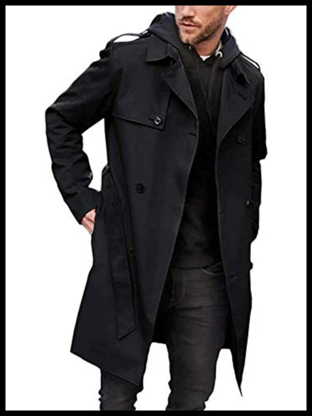 Men's Trench Coat Belted Windbreaker Long Jacket Windproof Overcoat